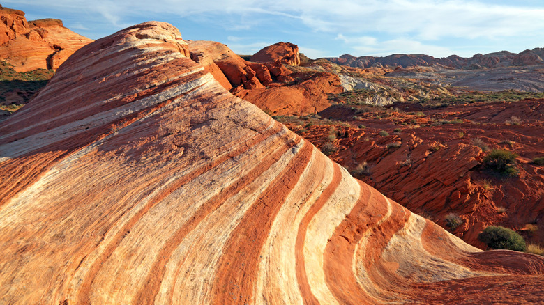 Red striated Fire Wave rock formation in the Valley of Fire State Park in Nevada, USA