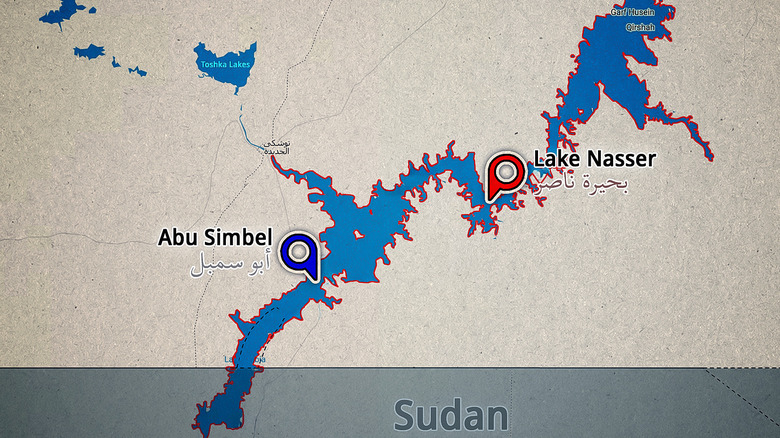 Map of Egypt with pins for Abu Simbel and Lake Nasser
