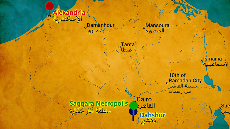 Map of Egypt with pins for Alexandria, Dahshur, and Saqqara