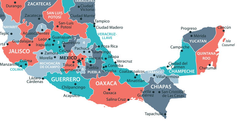 A map of Mexico's southern states of Veracruz, Oaxaca, Tabasco, and Chiapas