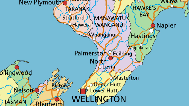 Map of the southern part of New Zealand's North Island (and part of the South Island)