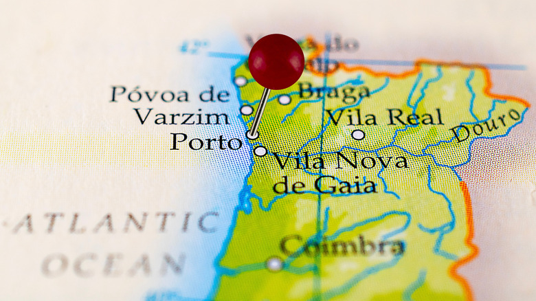 A close-up image of a map showing northern Portugal