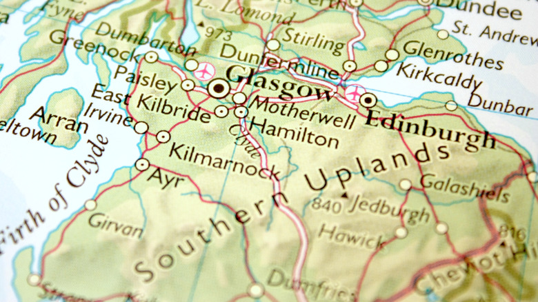 A map featuring the Southern Uplands of Scotland, UK.