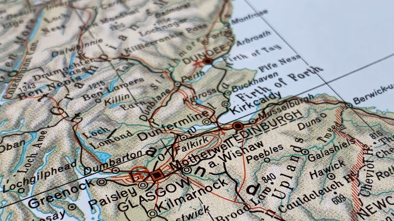 A detailed map of the Central Belt of Scotland, UK.