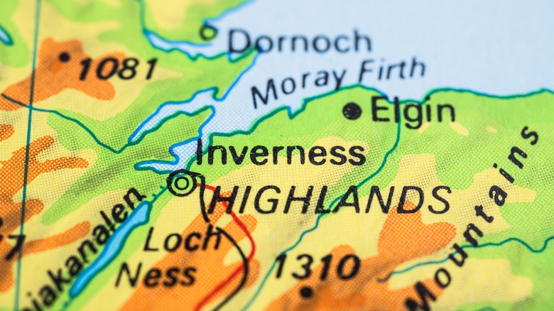A close-up of a map of the Scottish Highlands