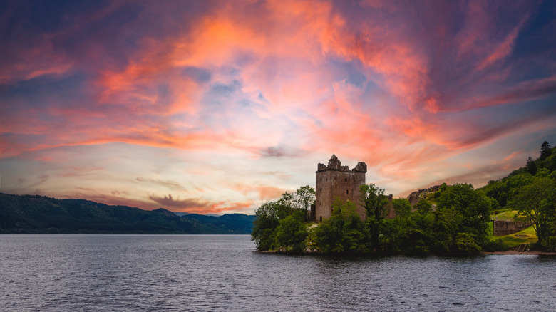 Urquhart Castle on Loch Ness at sunset