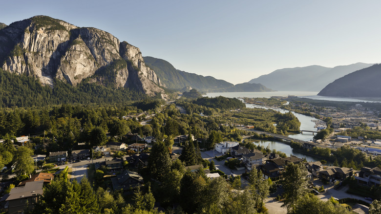 Aerial view of Squamish with waterways, forests, and mountains in the background