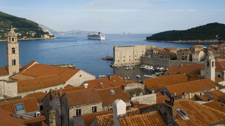 Old city of Dubrovnik from city walls overlooking ocean