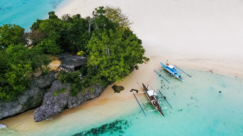 An aerial view of catamarans near a beach on Boracay
