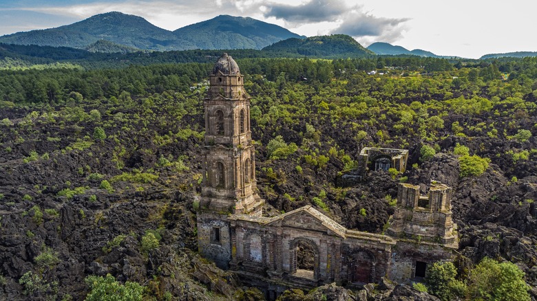 San Juan Parangaricutiro church buried in lava from Paricutin volcano