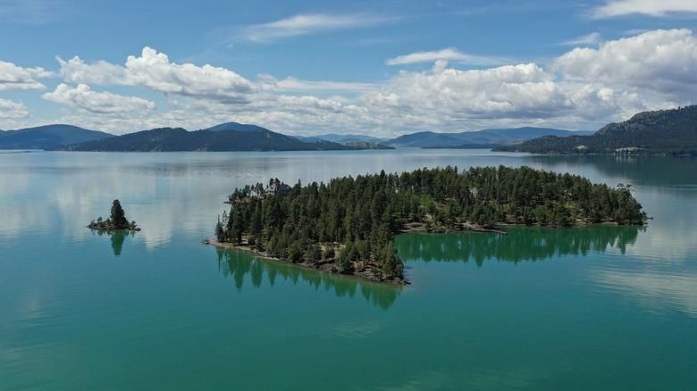 Aerial view of islands and distant mountains at Flathead Lake, Montana