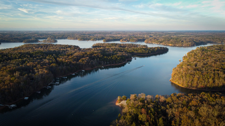 An aerial view over an autumnal Lake Hartwell in Georgia