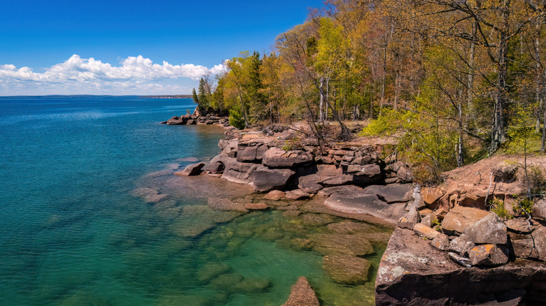 An aerial view of Madeline Island in Lake Superior on a sunny day