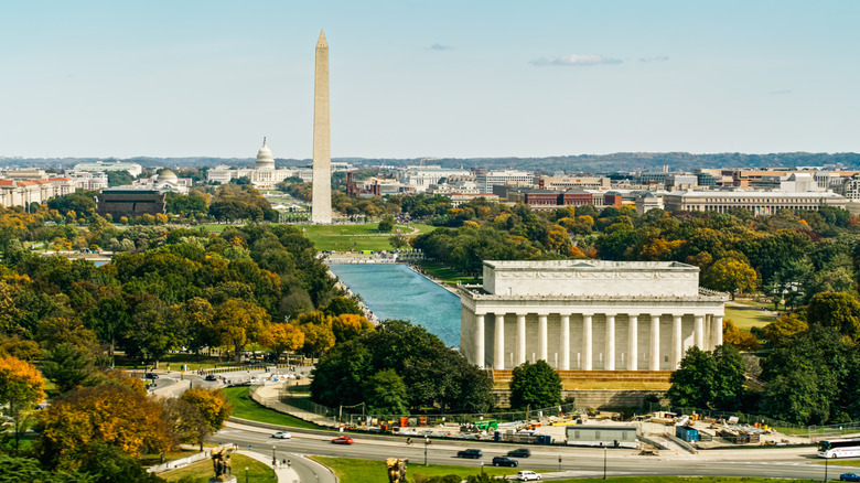 Aerial view of the National Mall with the Lincoln Monument and the Washington Monument in Washington D.C.
