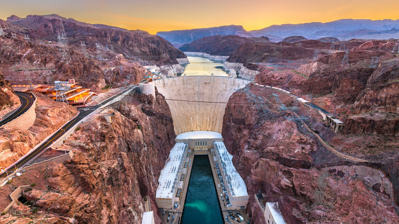 aerial view of the Hoover Dam at sunset