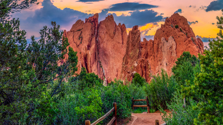Red cliffs at Garden of the Gods at sunset with green bushes in the foreground.