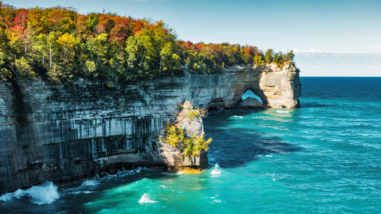 Grand Portal Point along Pictured Rocks National Lakeshore in Michigan, with turquoise water and rocky outcrops