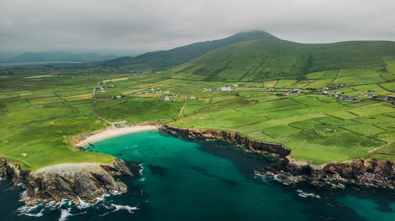 Aerial view of Ireland peninsula, fields, and hills.