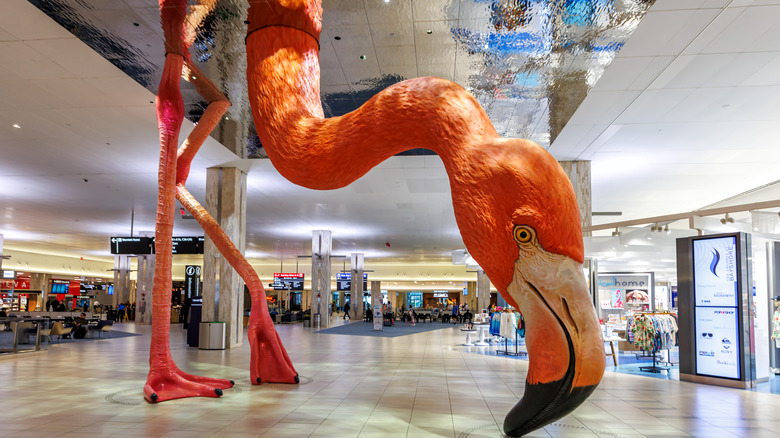 A sculpture of a large flamingo at Tampa International Airport