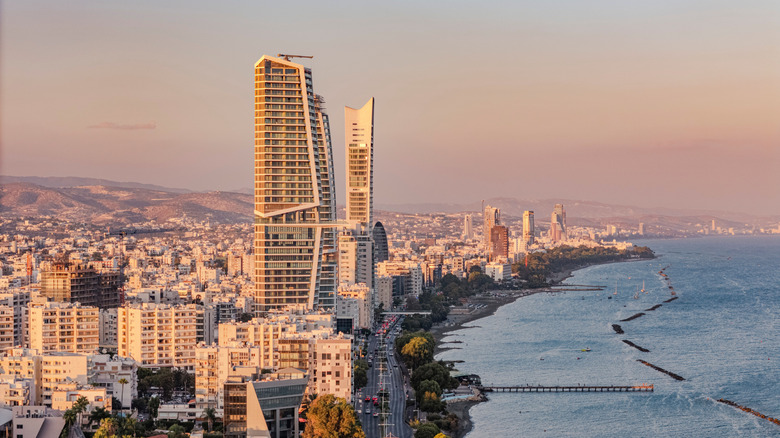 Aerial view of Limassol, Cyprus, at sunset.