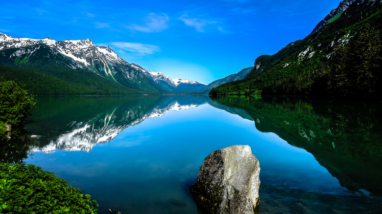 Mountains reflecting off of Chilkoot Lake outside of Haines, Alaska