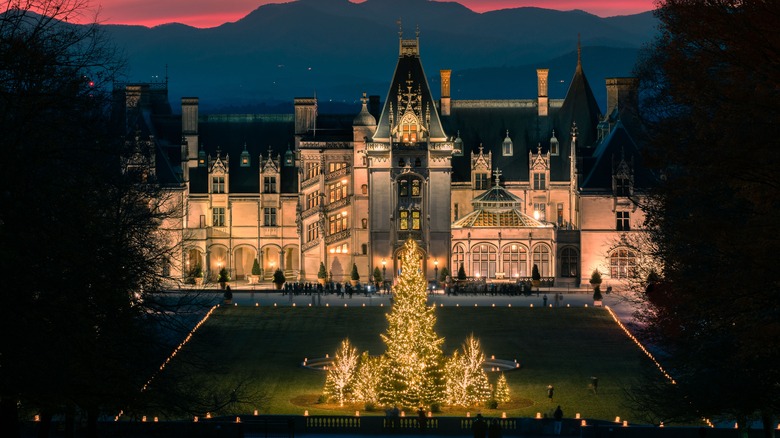 Asheville's Biltmore Museum illuminated by Christmas lights