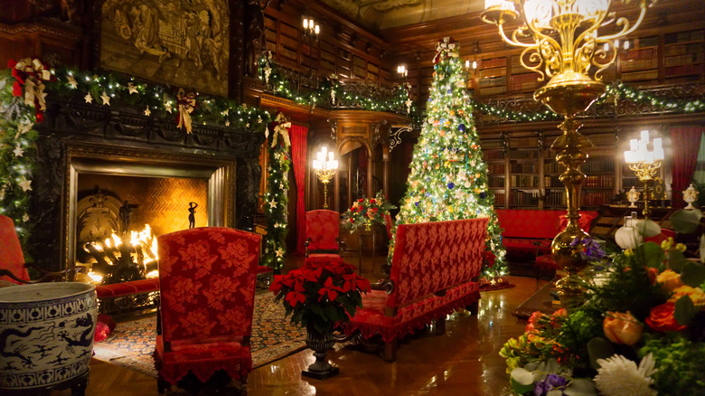 A room at Asheville's Biltmore Estate filled with Christmas decorations