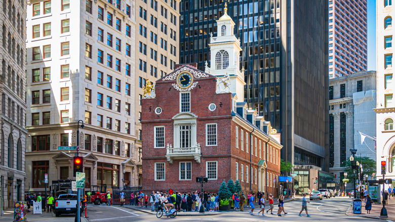Tourists outside the Old State House in Boston