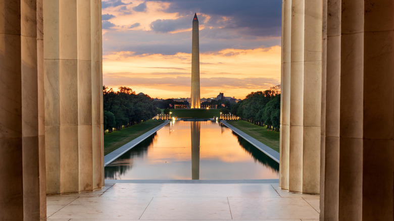 The Washington Monument reflected in Reflecting Pool as seen from the Lincoln Memorial