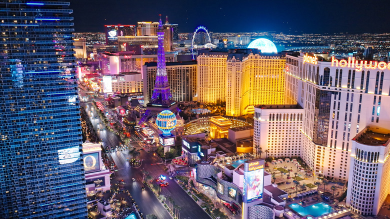 An aerial shot of the Las Vegas Strip at night