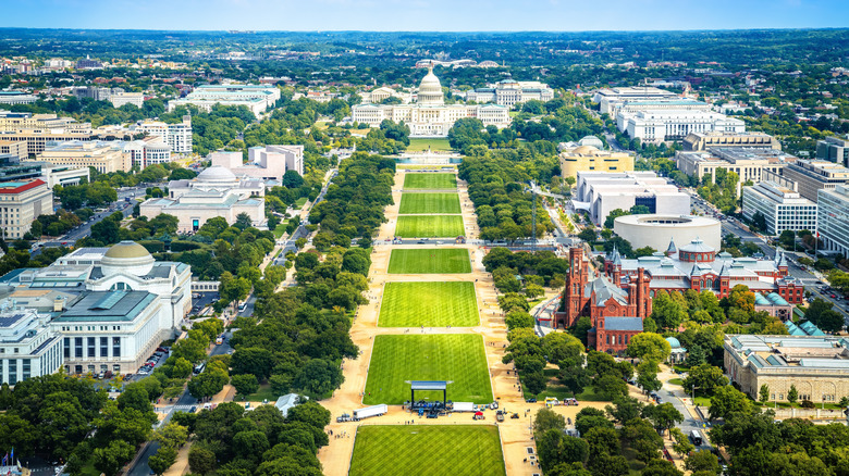 An aerial view of the National Mall looking toward the Capitol