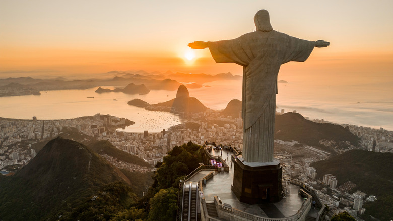 A view over Rio de Janiero from behind the iconic Christ the Redeemer statue, Brazil