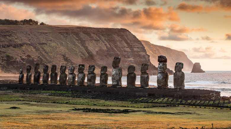 Tall statues of Easter Island along the coast, Chile