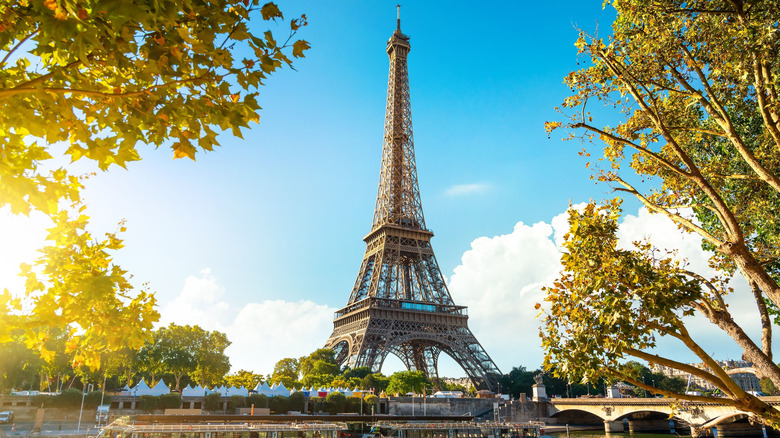 The Eiffel Tower as viewed from the Seine River, framed by autumn leaves
