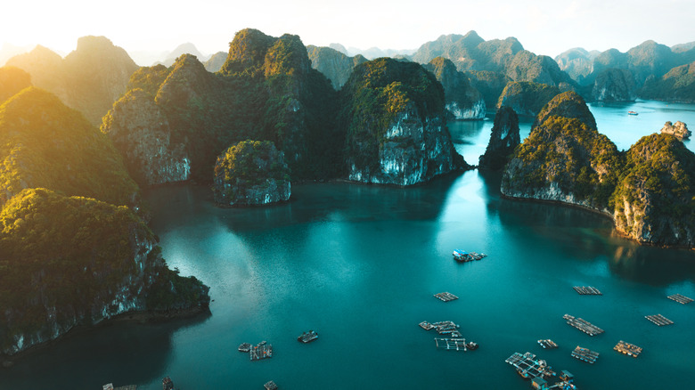 Aerial view over floating villages in Ha Long Bay, Vietnam