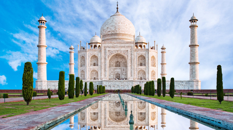 Intricate white Taj Mahal reflected in pond, India