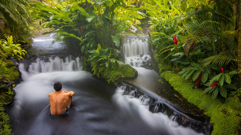 Man swimming in waterfall in a lush Costa Rican jungle