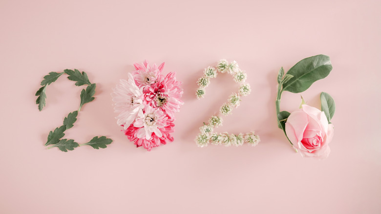 2026 made of flowers and plants on a pink background