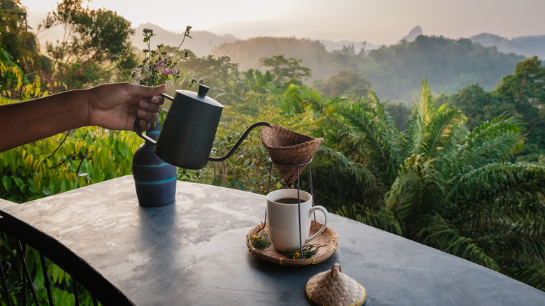 Hand pouring from a black coffee pot into a wicker filter with a view of the Thai landscape
