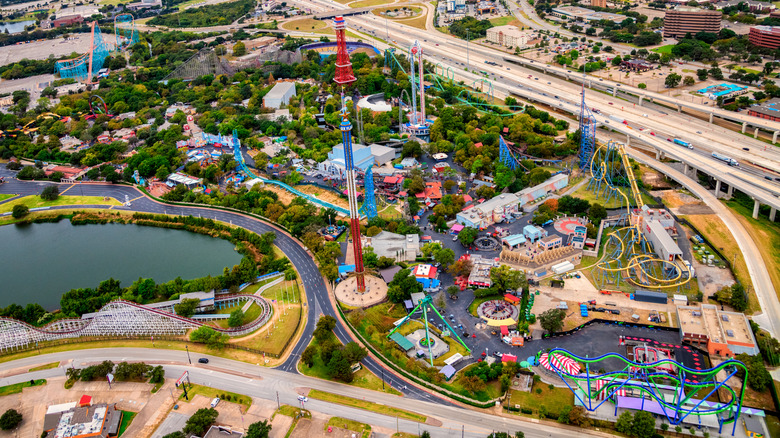 An aerial view of Six Flags Over Texas
