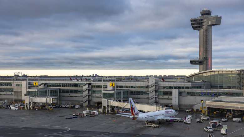 View of JFK International Airport with a plane on the tarmac