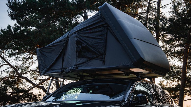 A black vehicle with a dark-colored rooftop tent surrounded by trees.