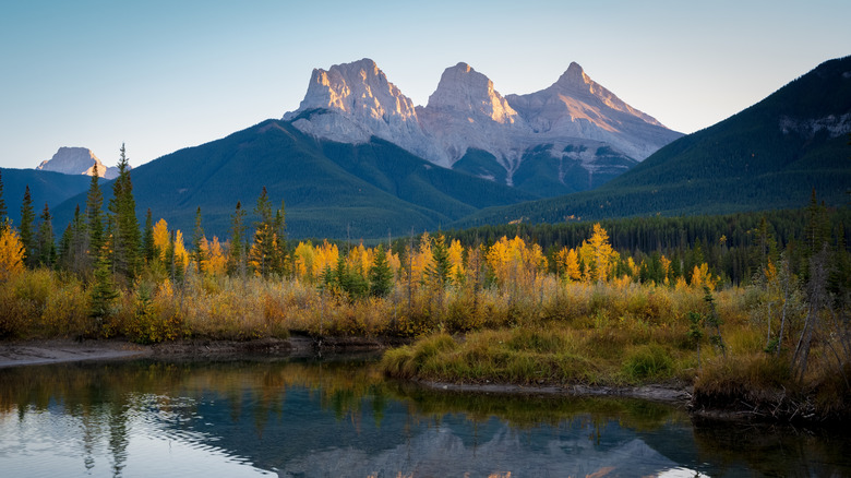 The Three Sisters Peaks as seen from Canmore, Alberta, in the fall