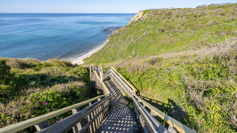 Staircase to the beach from the Mohegan Bluffs on Block Island, Rhode Island