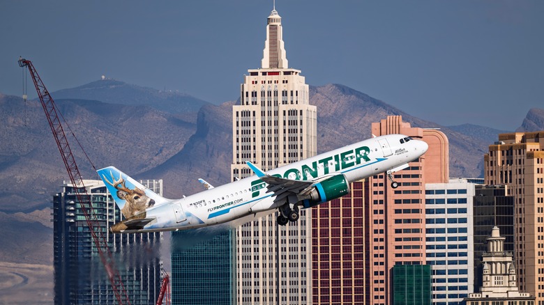 A Frontier Airlines jet taking off out of Las Vegas