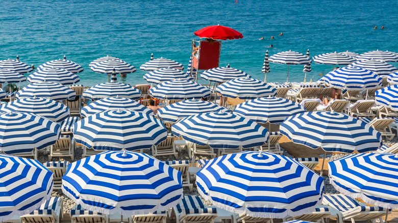 Blue and white umbrellas on a beach