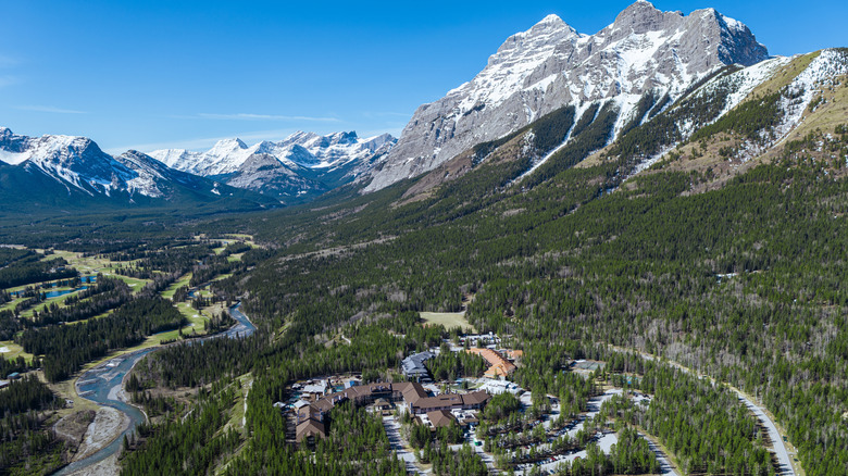 A drone photograph of Kananaskis Mountain Village in the daytime