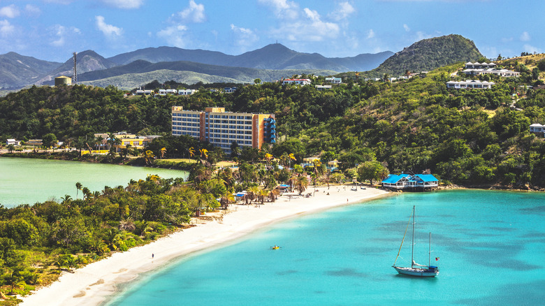 Hotels, bungalows and beaches line the shores of Deep Bay, Antigua in the Caribbean