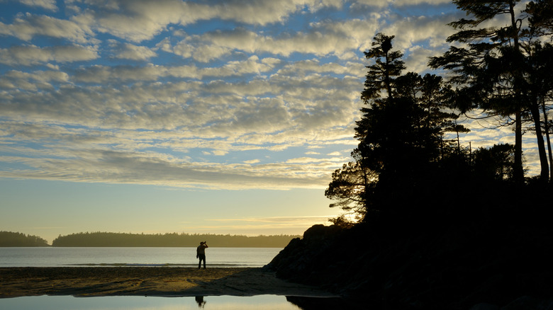 A man photographing a sunset at Tonquin Beach in Tofino, BC