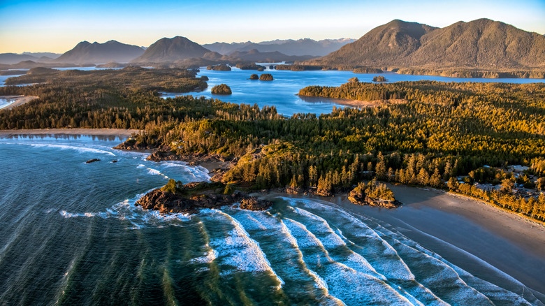 An aerial view of Cox Bay Beach in Tofino, BC